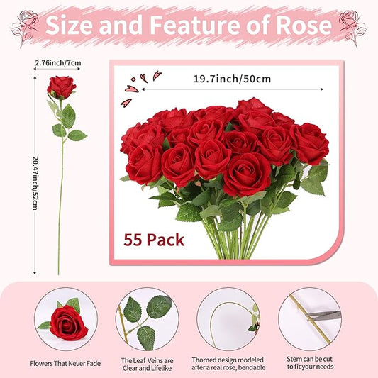 52 PCS Red Roses Artificial Flowers, Fake Red Rose Bouquet, Artificial Silk Red Roses with Stems for Wedding Flowers Decoration, Valentines Day Mothers Day, Bridal Bouquet Roses