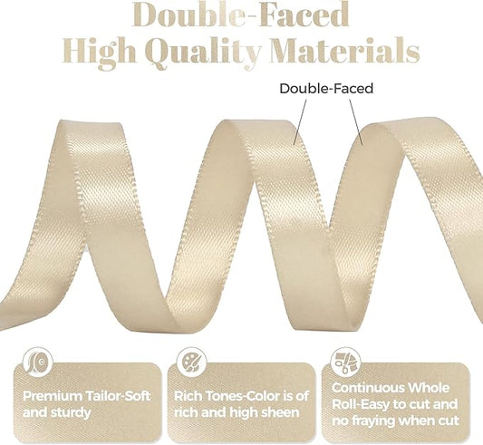 Beige Satin Ribbon, Double Faced 3/8 Inch X 50 Yards Beige Ribbon, Premium Satin Ribbon for Gift Wrapping, Crafts, Hair Bow Making, Sewing, Flower Bouquet, Wedding Party Decor