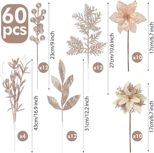 60 Pcs Christmas Glitter Branches 6 Styles Artificial Christmas Picks Berries Stems Poinsettia Flowers Pine Needles Floral Twig Spray for Xmas Tree Ornaments DIY Wreath Garland(Champagne)
