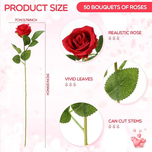 Jexine 50 Pcs Artificial Rose Flower Bulk Realistic Silk Fake Roses with Long Stem Plastic Artificial Flower Bouquet Real Looking for Home Wedding Centerpieces Party Decoration(Red)
