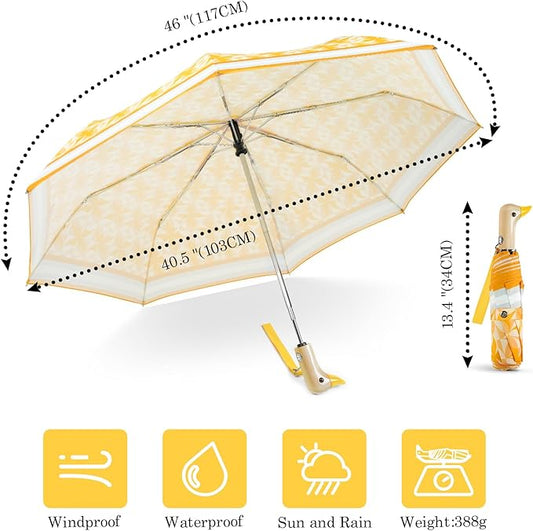 Cute Duck Umbrella Automatic - Compact Pretty Pocket Size Strong Duck Collapsible Umbrella Yellow Wooden Handle for Women