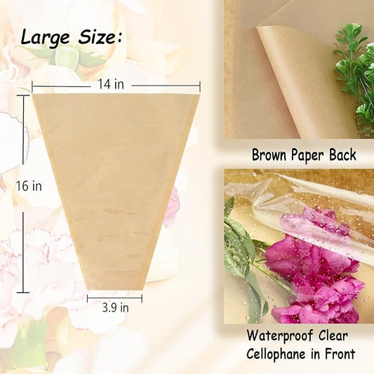 MYGOGOART 50 Pcs Flower Bouquet Wrapping Paper Flower Bags Sleeves for Bouquets Kraft Paper Floral Wrap Bags Flower Bouquet Supplies(14 x 16 x 3.9 inches)