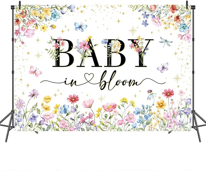 Mocsicka Wildflower Backdrop Baby in Bloom Floral Baby Shower Decorations Girls Butterfly Golden Dot A Little Wildflower is On The Way Decorations for Baby Shower Background Banner