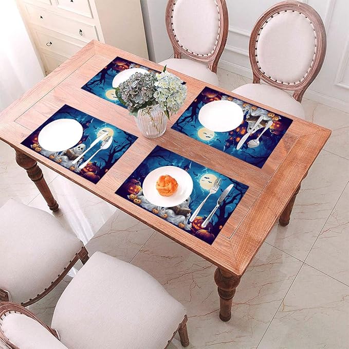 PVC Placemats Set of 6 Wipeable Table Mats Washable Heat Resistant Non Slip Vinyl Dining Table Mat for Kitchen Indoor Outdoor Patio Farmhouse Place Mats Halloween Pumpkin Ghosts Castle Decorative
