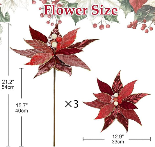DILATATA 3 Pcs Artificial Christmas Flowers 13 Inch Glitter Poinsettia Picks Christmas Tree Ornaments Topper Decorations Red Poinsettias Flowers for Xmas New Year Wreath Garland Wedding Home Decor