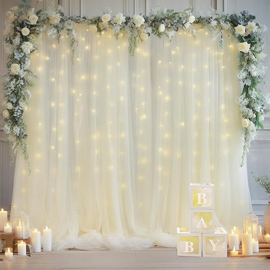 20x10ft Ivory Tulle Backdrop Curtain with Lights String for Parites, Sheer Backdrop Curtains for Wedding Baby Shower Birthday Party Photo Shoot Decorations