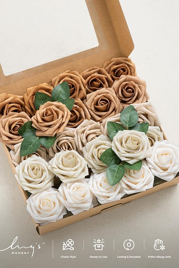 Ling's moment Artificial Flowers, 25Pcs 3" Roses in Autumn Shades, Realistic DIY Foam Floral Decor for Wedding Bouquets/Centerpieces, Outdoor Party Backdrops, Room/Table, and Garden/Pot Decorations