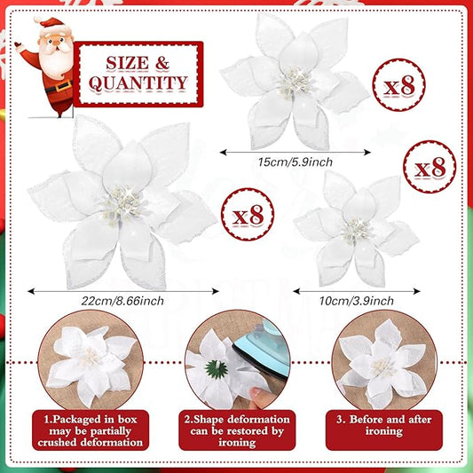 WILLBOND 24 Pcs 3 Size Poinsettia Flower Artificial Christmas Decor Glitter Poinsettia Christmas Ornaments Faux Flowers for Xmas Tree Outdoor(4/6/7.9 Inches,White)
