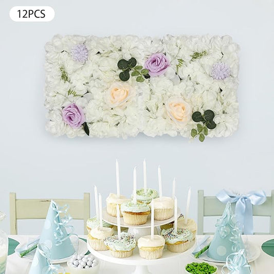 DouSeiAi 12Pcs Artificial Flower Wall Panel 3D Floral Backdrop Wall 15" X 15" Flower Walls Decor Flower Backdrop Faux Flowers Panel for Wedding Party Home Decoration, White/Purple