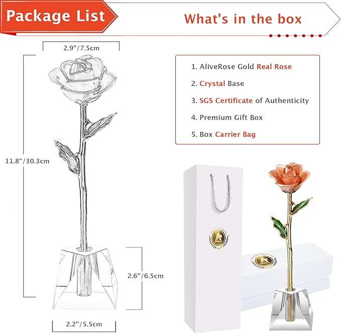 AliveRose Anniversary Rose Gift for Wife,24k Gold Real Rose Gift for her, Long Stem Rose Made from Real Gold Rose for Valentines Mothers Day Birthday (Peach Pink with Crystal Vase)