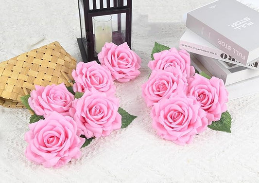 IPOPU 5 Inches Pink Large Rose Heads Artificial Flowers Pink Rose with Stems10pcs Fake Flower Bulk for Wedding Home Party Office Floral Arrangements(Pink)