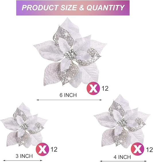 WILLBOND 36 Pieces Christmas Poinsettia Glitter Faux Flowers Christmas Artificial Flowers Tree Ornaments Topper Xmas Decorations(Silver)