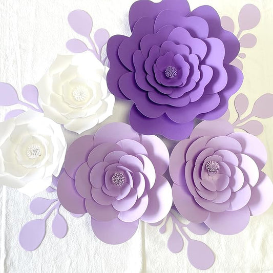 3D Party Paper Flower Decorations Need Assembled Artificial Paper Flower Decorations with Leaves Wall Backdrop Decor (White Purple Set) Wedding Bridal Nursery Baby Shower Decor Wall Flowers Decor