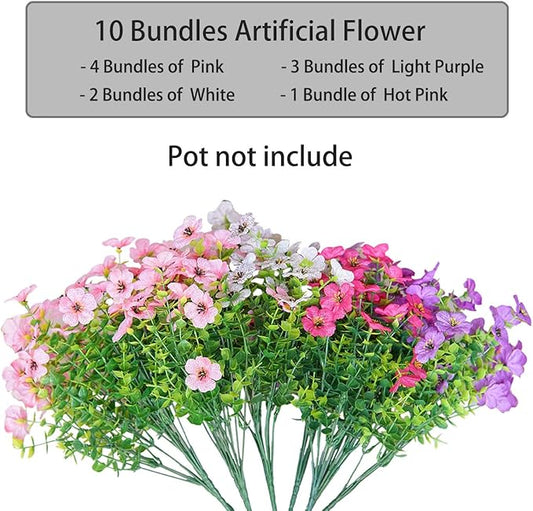 Artificial Flowers for Outdoor Indoor Garden Home Decoration, Faux Flower Daisy with Eucalyptus Leaves Fake Plants Greenery Boxwood Porch Patio, 10 Bundles (Purple-Pink)