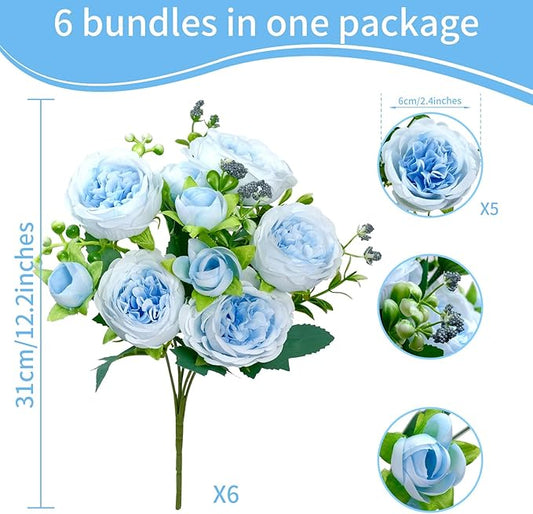 6 Pcs Peonies Artificial Flowers Bulk, Blue Silk Peonies Fake Bouquet for Floral Centerpieces, Realistic Faux Peony Flower for Flower Arrangements Wedding Decoration vase