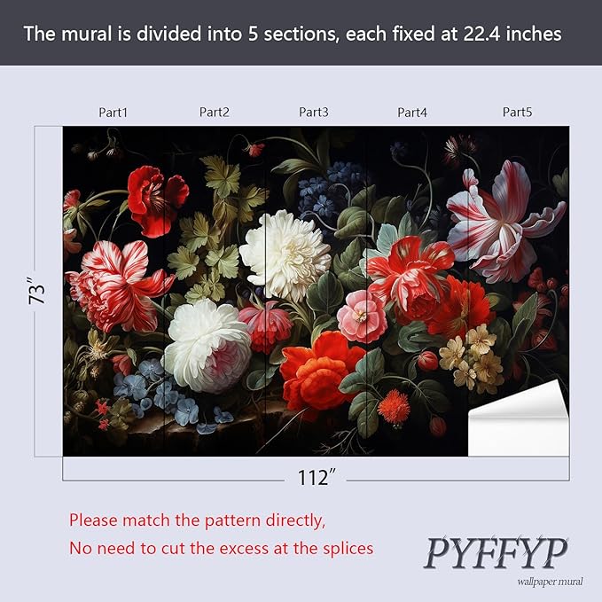 PYFFYP- Dark Floral Wallpaper Peony Wall murals for Bedroom(Not Peel and Stick)