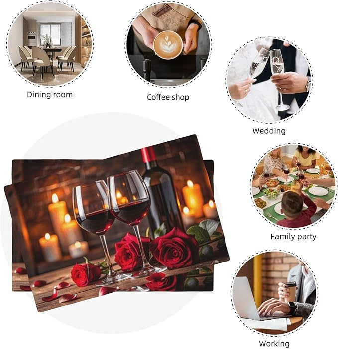 Red Rose Wine Linen Table Placemats Set of 4 Romantic Rose Floral Modern Art Placemat Indoor Outdoor Party Home Desktop Kitchen Dining Room Decoration 12x18 Inch