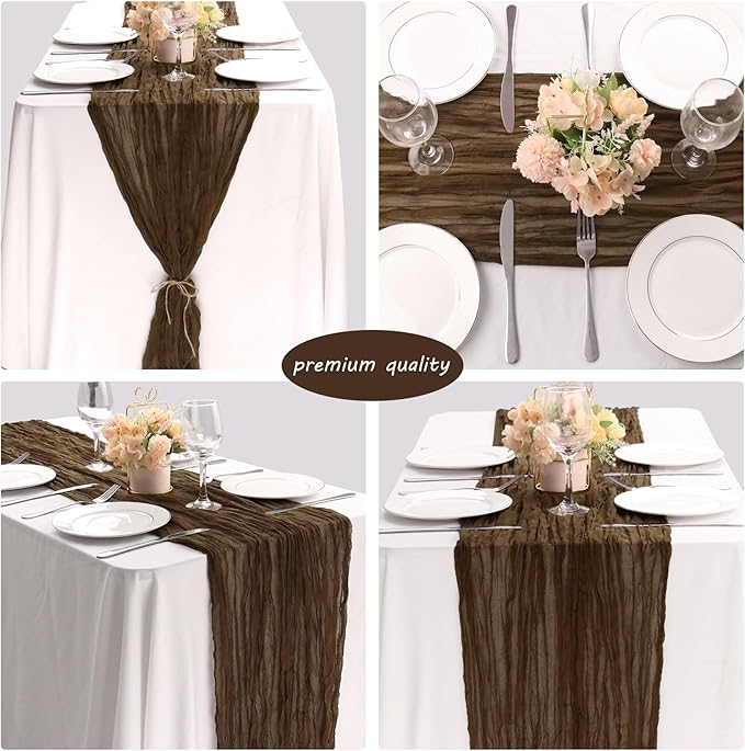 12 Pack 10Ft Cheesecloth Table Runner 35x120 Inch Boho Gauze Table Runner Rustic Cheese Cloth Long Romantic Table Runners for Wedding Bridal Shower Birthday Party Table Decor (Brown)