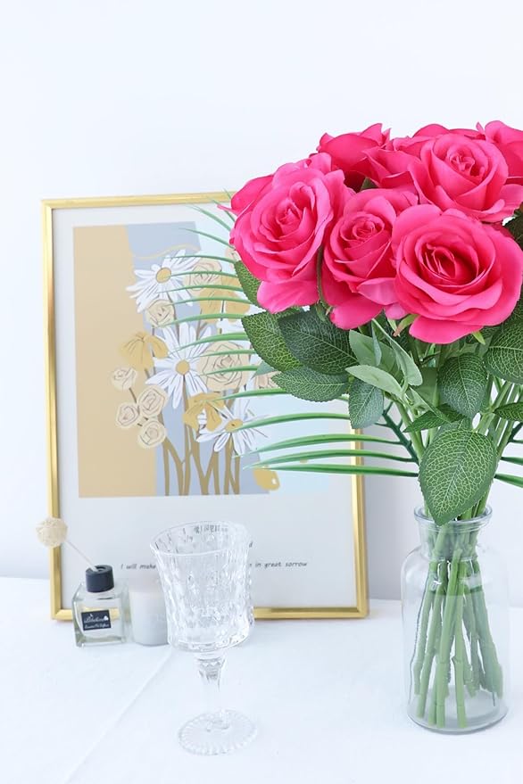 50pcs Roses Artificial Flowers Real Touch Fake Flowers with Long Stems Silk Flowers for Wedding Bouquet Centerpices Decorations Party Bridal Baby Shower Home Decor (Hot Pink)