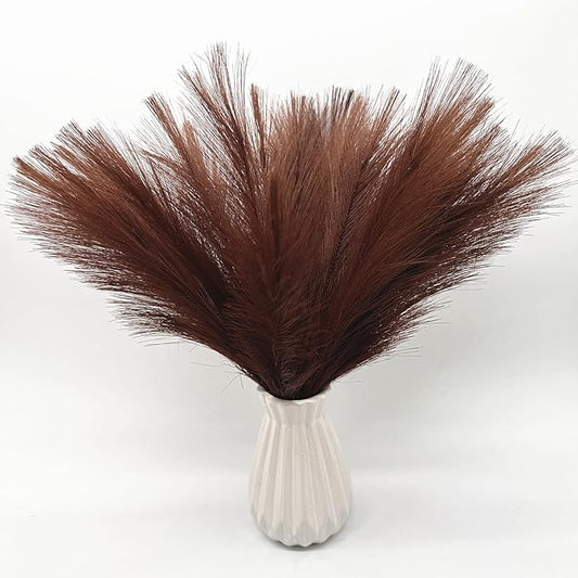 Fake Pampas Grass Plants Artificial Reeds Decoration Set of 28 Stems 17” Faux Florals Bulrush Fluffy Beige Branches Home Wedding Party Vase Fillers Christmas DIY Feathers Décor - Brown Coffee 28 Pcs