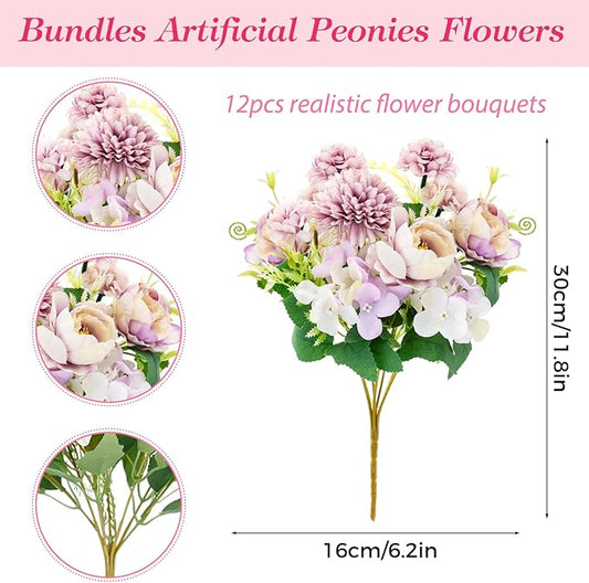 Olgaa 12 Bundles Peonies Artificial Flowers Silk Flowers Fake Peony Bouquet Faux Peonies Flowers Bulk for Wedding Decor Centerpiece Table Decorations (Light Purple)