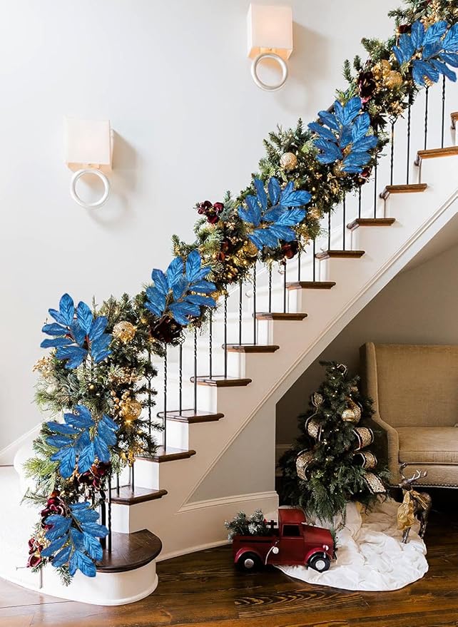 31" Royal Blue Christmas Glitter Leaves Tree Picks and Sprays, 3PCS Artificial Glitter Magnolia Stems for Christmas Tree DIY Garland Wreath Centerpiece Vase Wedding Winter Holiday