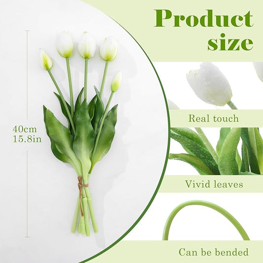 15PCS Artificial Tulips Real Touch White Faux Latex Flowers Lifelike Fake Tulip Bouquet Flowers Arrangements for Wedding Home Kitchen Garden Table Party Decoration