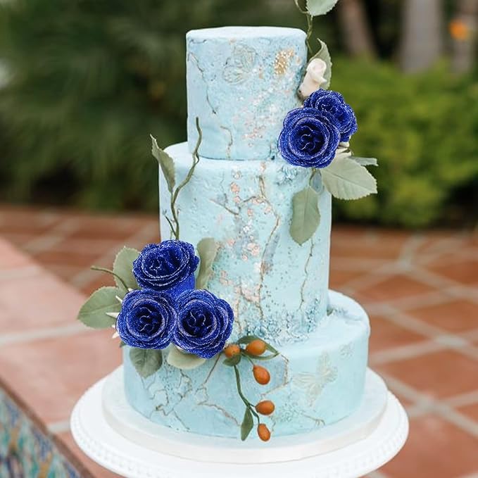 Royal Blue Glitter Roses Bouquet,30PCS Fake Sparkling Flowers Artificial Roses with Stems for Wedding Party Christmas Home Decor(Royal Blue with Silver Glitter)