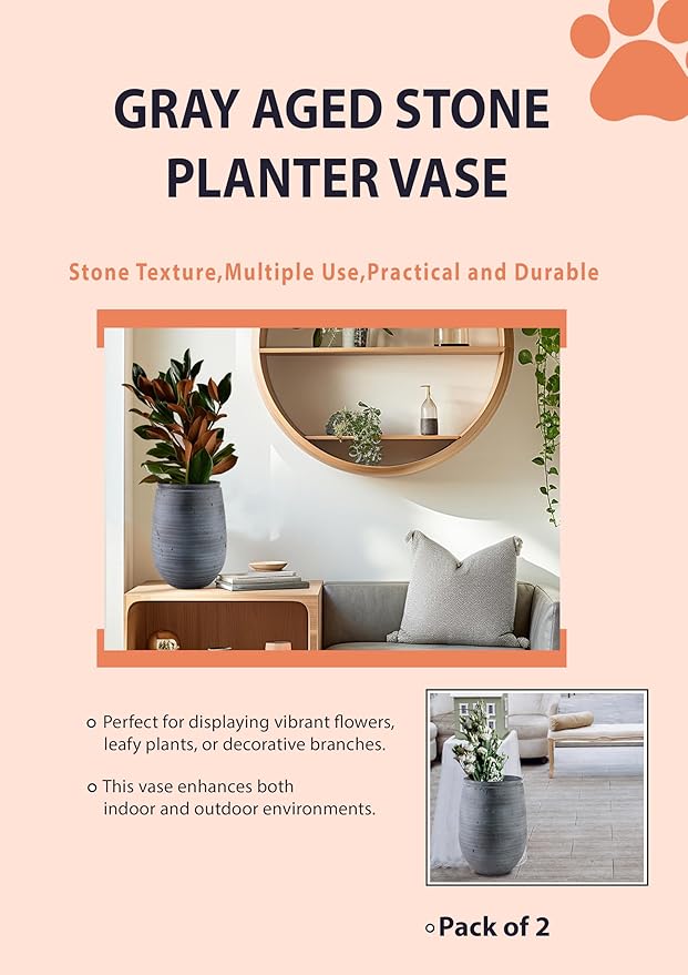 Serene Spaces Living Gray Aged Stone Planter Vase - Indoor/Outdoor Flower Pot, Textured Stone Finish, Planter & Cachepot, Timeless Home Décor for Plants & Flowers, 10" Diameter & 12" Tall, Pack of 2