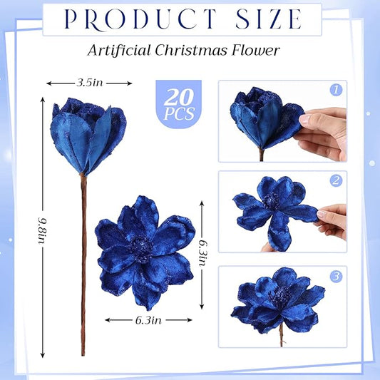 20 Pcs Christmas Glitter Poinsettia Magnolia Flowers Ornaments Large Heads Artificial Magnolia Flowers for Christmas Tree Xmas Wreath Holiday Wedding Decor(Dark Blue)