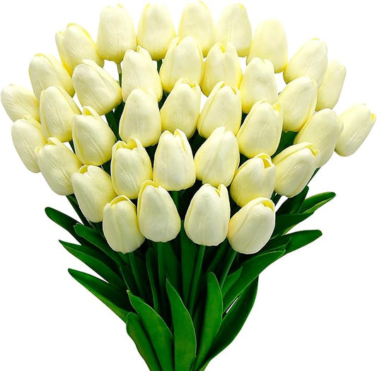 36 PCS Tulips Artificial Flowers 13" PU Fake Flowers for Wedding Home Decor(Off White)
