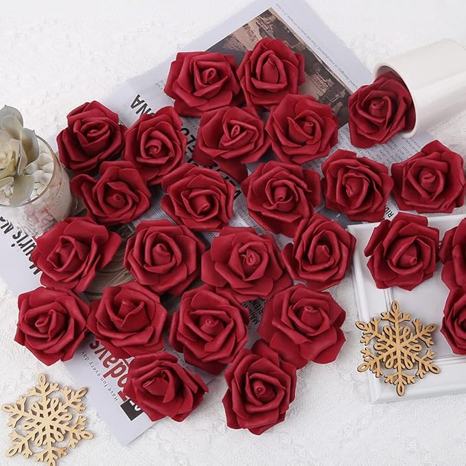 Artificial Rose Flower Heads, INSUNSIX 100pcs Burgundy Fake Roses Artificial Flower Foam Rose Heads for DIY Wedding Bouquets Centerpieces Arrangements Party Baby Shower Home Decor (Stemless, Burgundy)