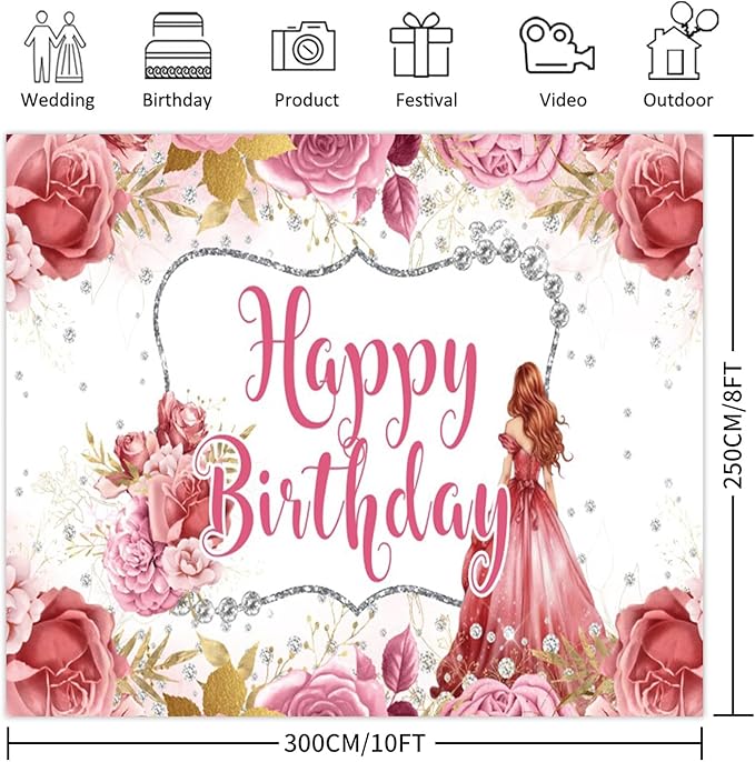Princess Happy Birthday Backdrop 10x8ft Girls Watercolor Flower Floral Rose Diamond Decorations Photography Background Banner Photo Booth Studio