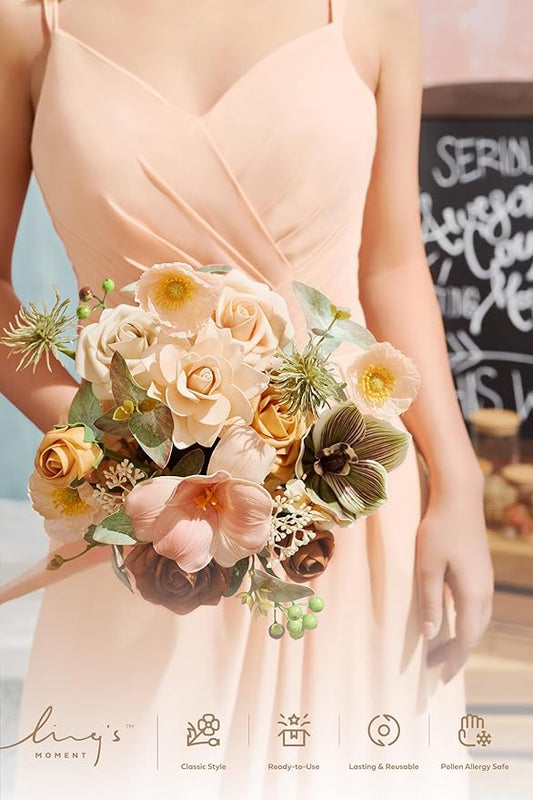 Ling's moment Artificial Flowers Apricot and Peach Bridesmaid Bouquet Set of 4, Peach Wedding Flowers Bouquets for Bridesmaids, 7 Inch Bridal Bouquets for Bridesmaids, Wedding, etc