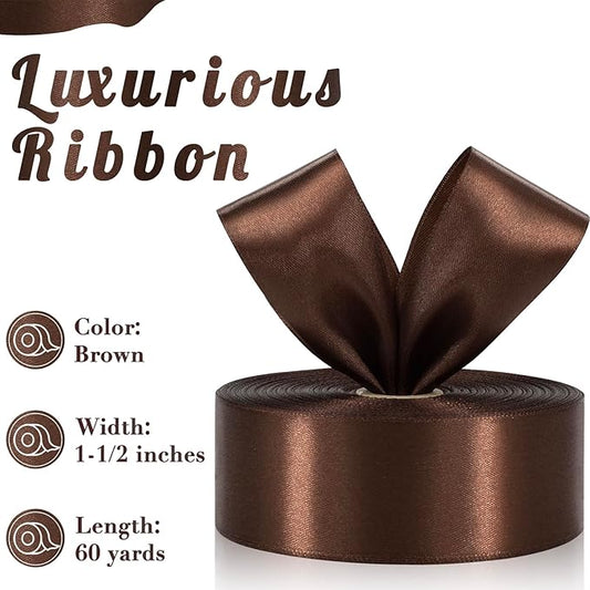 Brown Ribbon 1-1/2 Inch, 60 Yards Polyester Satin Ribbon for Gift Wrapping, Fabric Ribbon for Crafts Flower Bouquet Birthday Festival Easter