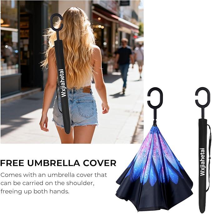 Inverted Umbrella, 49 Inch Double-Layer Vented Reverse Umbrella, Windproof Waterproof UV Protection, Lightweight C-Handle, Fiberglass Ribs, Steel Shaft, Travel/Commute/Car Use, With Sleeve
