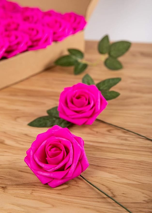 Artificial Flower Foam Rose 25pcs Real Looking Fake Rose with Stems Leaves for Home Decoration Party Garden Centerpieces DIY Wedding Bouquets(Hot Pink)
