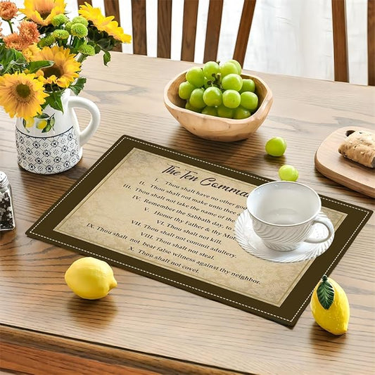 10 Commandments Placemats Set of 4, Ten Commandments Christian Religious Bible Verse Place Mats Washable Double-Sided Table Mats for Kitchen Dining Room Home Party Indoor Decor 4 PCS 12x18 Inch