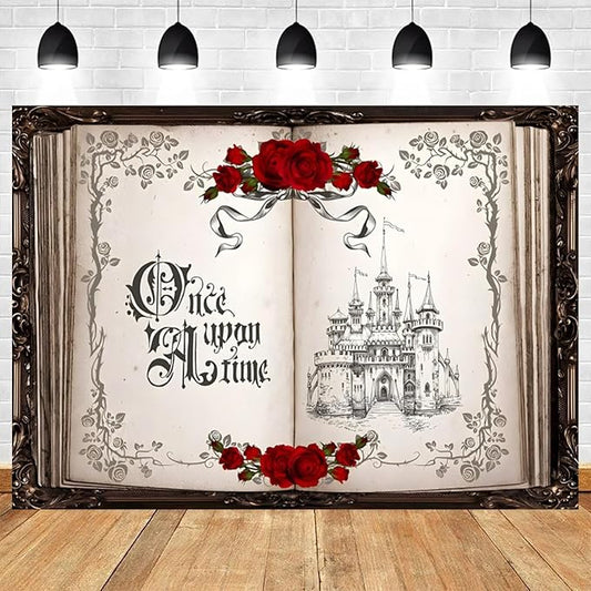15x10ft Once Upon a Time Backdrop Princess Castle Wedding Party Photography Background Fairytale Book Romantic Story Red Roses Bridal Shower Decorations Birthday Portrait Photo Booth Prop