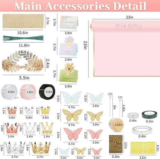 260Pcs Flower Bouquet Wrapping Paper Kit, 60 Sheets Pink Waterproof Paper, 36 Butterflies, 8 Crowns, 1 Headband, 4 Ribbons, 15 Cards, 100 Diamond Pins, 30 Floral Wire, 3 Stickers, 3 Tapes (Pink)