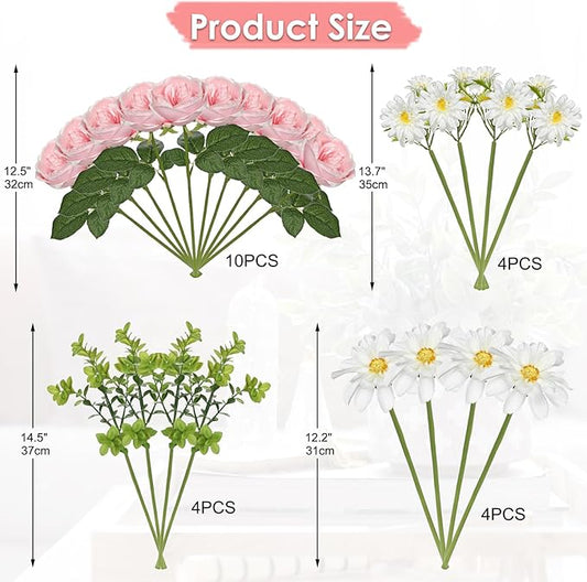 Peonies Artificial Flowers 22PCS Faux Pink Flowers Artificial Realistic Peony and Daisies Silk Flower Arrangements 14.5" Fake Flowers for Vase Centerpiece Wedding Party Home Decor DIY Bridal Bouquet
