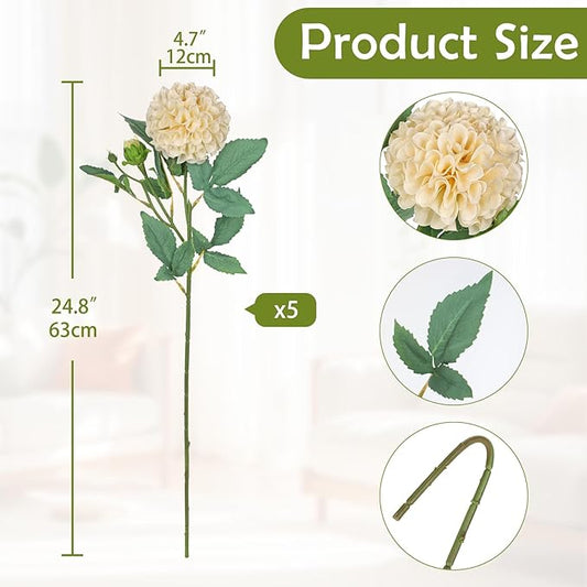 Hollyone 5PCS Dahlia Artificial Flowers 24.8" White Fake Ball Dahlias Silk Flowers Faux Roses Flower with Long Stems for DIY Wedding Bouquets Table Centerpieces Arrangements Bridal Party Home Decor