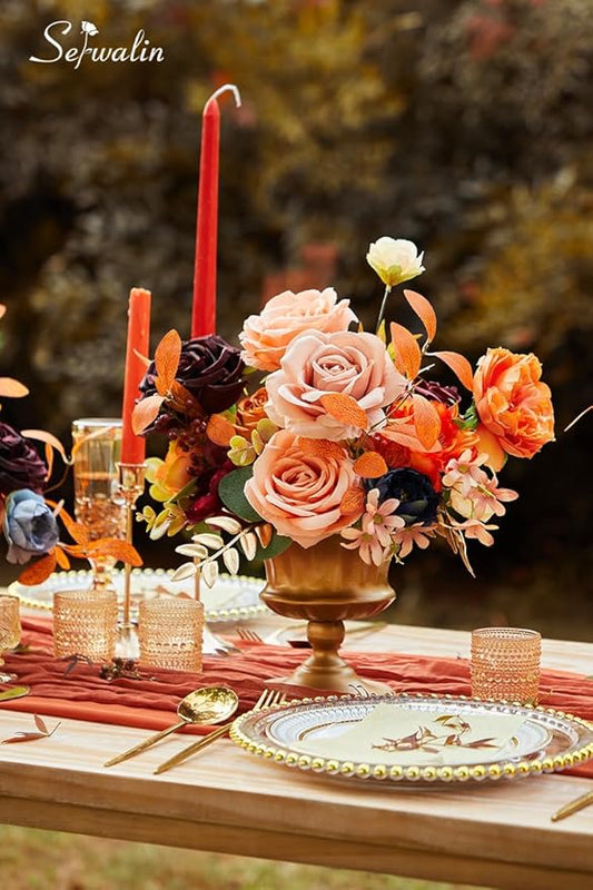Serwalin Artificial Fall Flowers Orange Burgundy Silk Flowers Wedding Flowers Combo for Cake Home Party Decoration, Fake Flowers for Bridal Bouquets Floral Arrangements