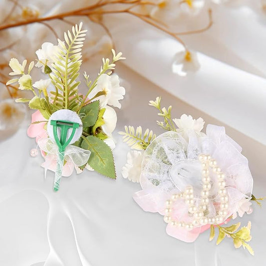 Wrist Corsage and Boutonniere Set, Artificial Rose Corsage Wristlet and Boutonniere for Wedding Prom Party (Pink, 2pcs)