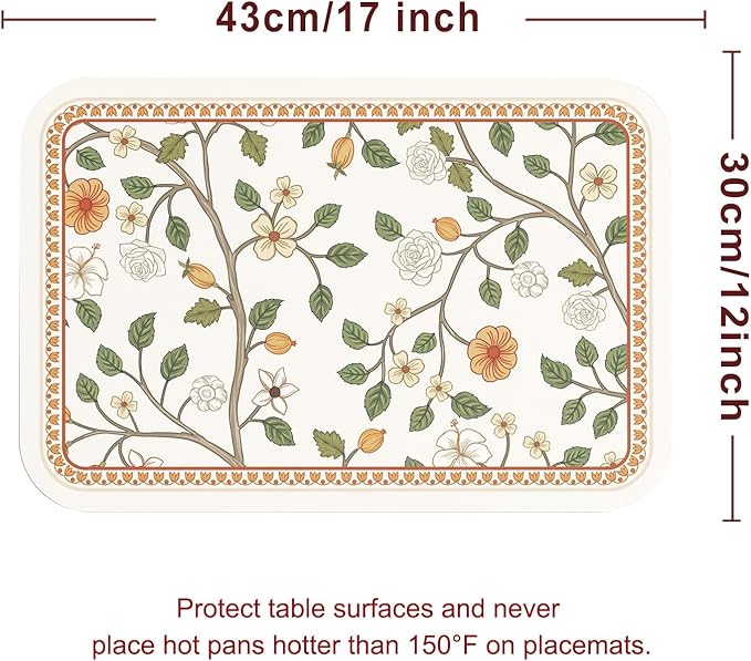 ISAENNE White PVC Placemats Set of 6,Rectangular Floral Placemats,Waterproof and Heat-Resistant Orange Flower Pattern,Decoration for Kitchen,Dinning,Parties, Holiday,12"*17"