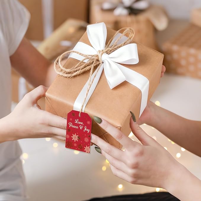Christmas Gift Tags with String, 96 Pcs Christmas Hanging Tags Label Gold Foil Xmas Present Tag for DIY Xmas Holiday Present Wrapping Decorations, 6 Styles