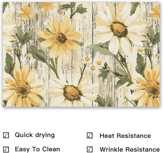 Placemats Set of 4 Waterproof Oilproof Table Mats Oil Painting Daisy Washable Wipeable Heat Resistant Easy to Clean for Indoor Outdoor Party Kitchen Dining Table Decoration 12 * 18in