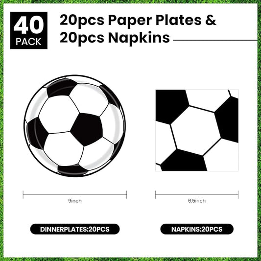 40 Pcs Soccer Plates and Napkins Party Supplies, Soccer Birthday Party Decorations Disposable Paper Plates and Napkins Tableware Set for Sports Theme Birthday Party Baby Shower Serves 20