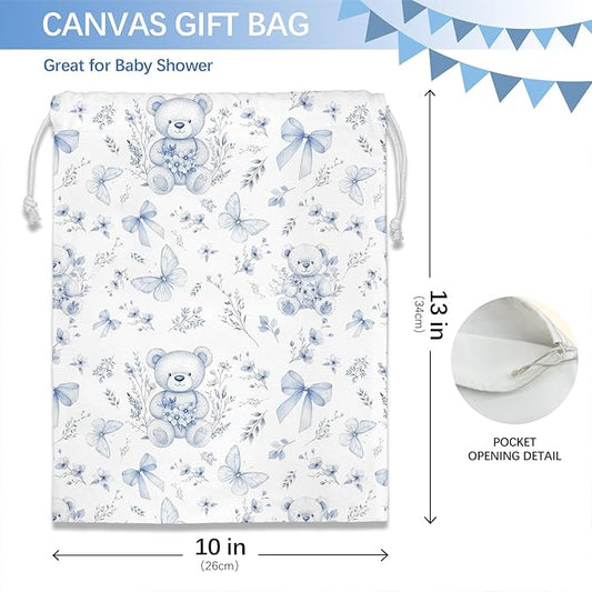 DSHFG Light Blue Chinoiserie Birthday Drawstring Gift Wrap Bags, Chinoiserie Bear Baby Shower Drawstring Gift Bags Canvas, Blue and White Small Happy Birthday Bag, 10x13 Inch