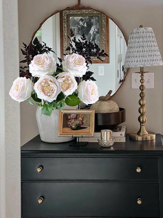 YalzoneMet 3.5'' Big Bloom Flesh Pink Rose Artificial Flowers 4Pcs Real Touch Rose Faux 17.7 Inch Long Stem Austen Roses Peonies Fake Flowers for Home Kitchen Party Christmas Flower Wedding Decor